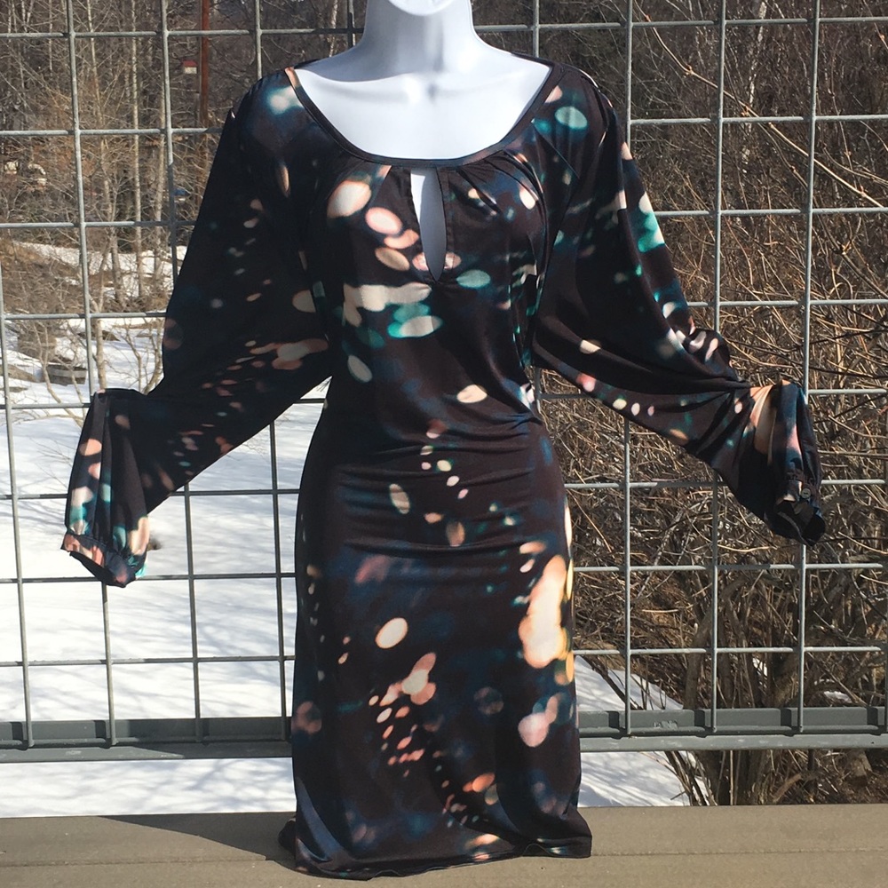 Anna Scholz shift dress with bell sleeves.
